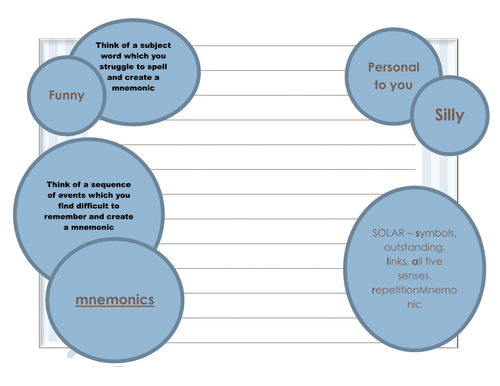 revision using mnemonics work sheet 1 page