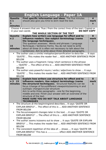 AQA English Language GCSE Revision tips and sentence starters for ...