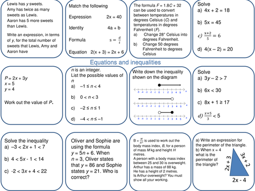 Gcse 1 9 Foundation Equations And Inequalities Revision Mat Teaching Resources 1293