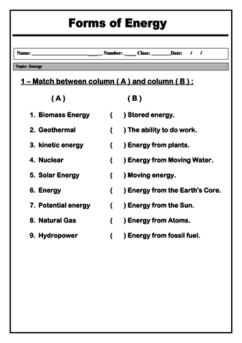 Forms Of Energy Worksheet