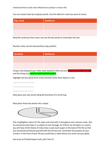 work sheet - How to make effective notes for revision