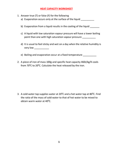 HEAT CAPACITY WORKSHEET WITH ANSWERS Teaching Resources