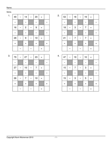 Maths Puzzles Across Down Subtraction  100 Puzzles Plus Answers