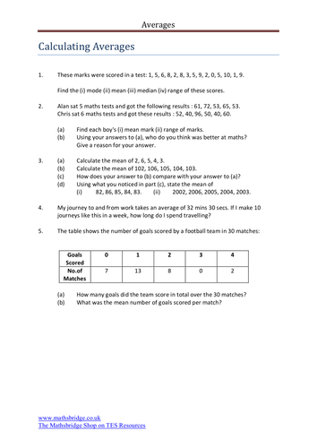 Averages Worksheet