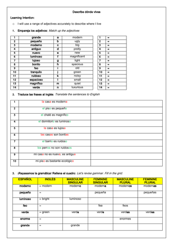 Spanish KS3 Mi Casa:  House & Home  and Adjective Agreement Worksheet