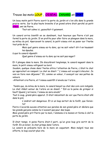 Reading Comprehension Pierre Et Le Loup Teaching Resources