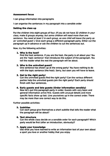 Paragraph Party! Organisation within a paragraph, fun whole class activity, space