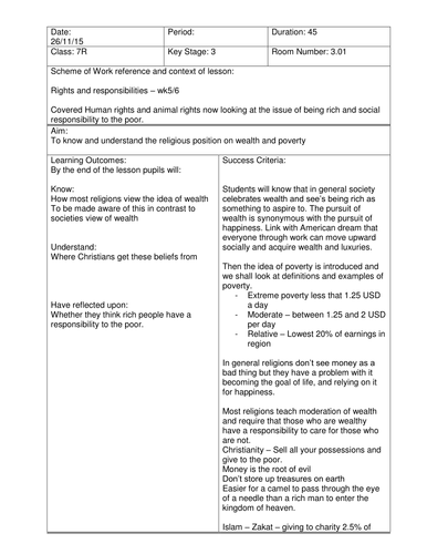 Poverty and religious  responsibility year 7 KS3