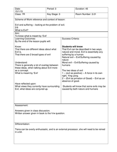 Concept of Evil (Natural and Moral) KS3 Year 7 Philosophy of religion