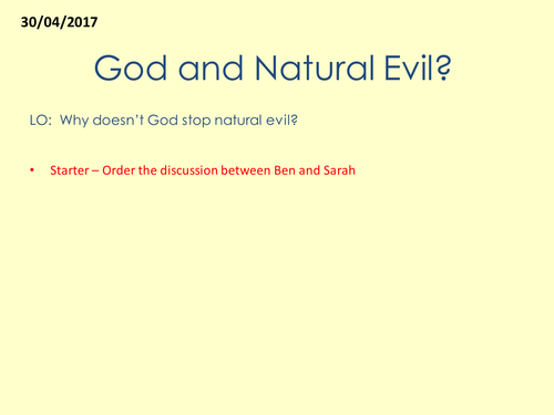 God and Natural Evil. Problem of Evil KS3 Year 7  Philosophy of Religion Critical RE