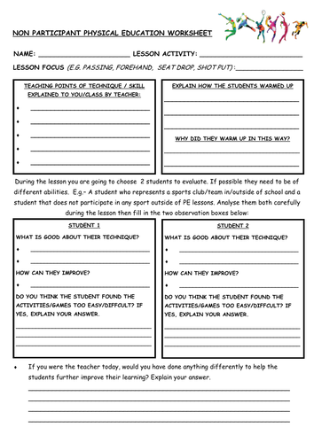 physical education non participant worksheet teaching resources