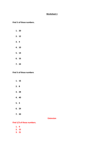 Finding Fractions of Number Worksheets