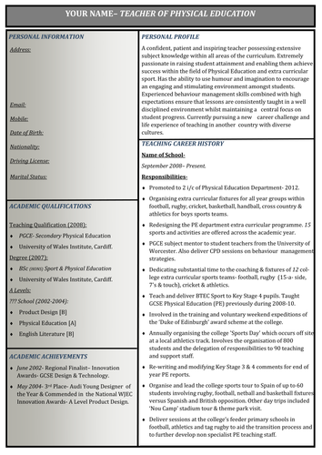 Teacher Curriculum Vitae template | Teaching Resources