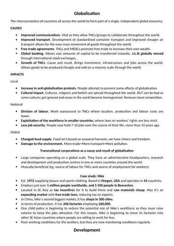 (I)GCSE Globalisation and Development Notes