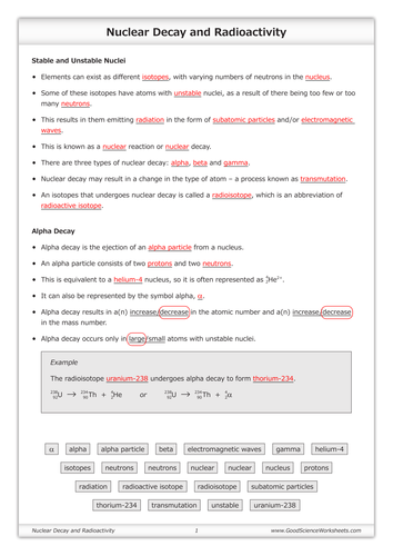 Nuclear Decay and Radioactivity [Worksheet] | Teaching Resources