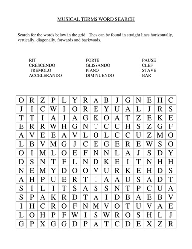 WORD SEARCH COVER WORK FOR MUSIC | Teaching Resources