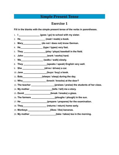 Exercises Of Simple Present Tense With Answers Teaching Resources