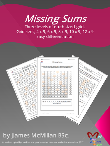 Missing Sums Fill in the missing numbers in the grids to make the totals given for each row and colu