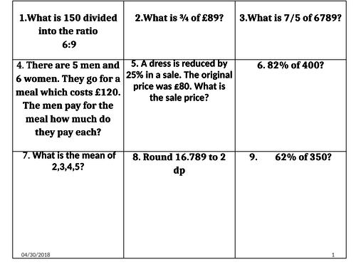 Maths revision quiz l1 l2 teaching resources