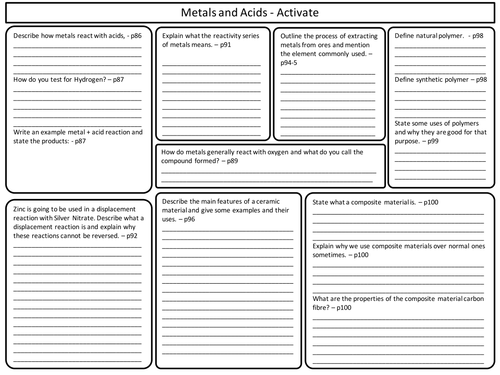 KS3 Activate Science Metals and Acids Revision Worksheet