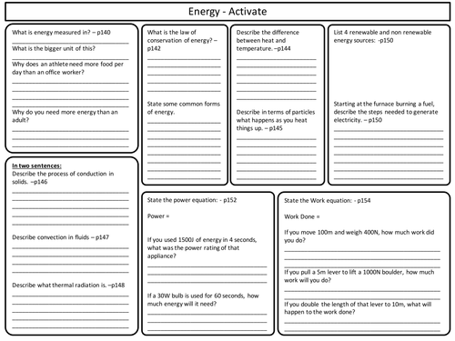 KS3 Activate Science - Energy Topic Revision Worksheet