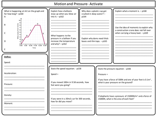 KS3 Activate Science - Motion and Pressure topic Revision Worksheet