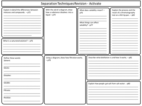 KS3 Activate Science - Separation Techniques Topic Revision Worksheet