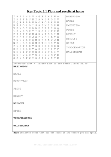 GCSE Word search on Early Elizabethan England Unit 2