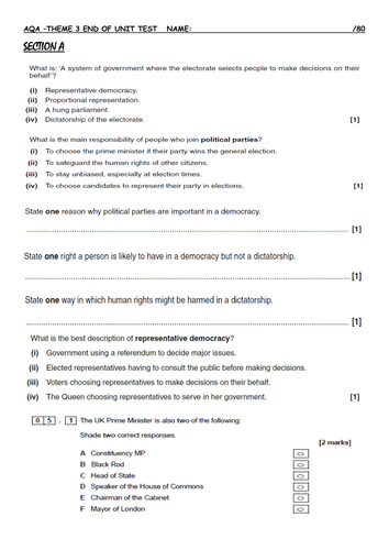NEW AQA GCSE CITIZENSHIP Theme 3 end of unit test & resit paper