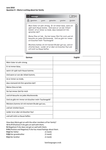 Aqa German Gcse Reading Translation June 2010 Teaching Resources