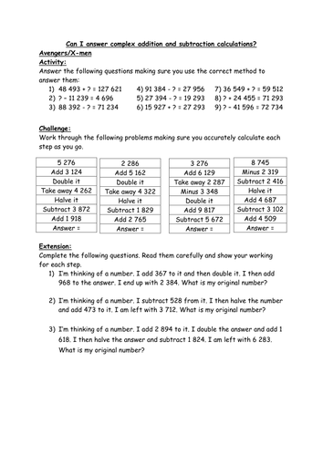 Complex addition and subtraction problems with a range of contexts for ...