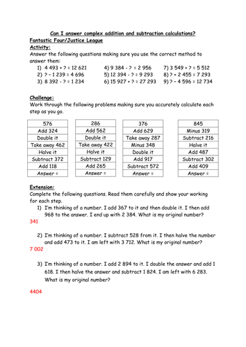 Complex addition and subtraction problems with a range of contexts for ...