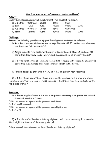 Word problems involving measure / ordering different measurements - for ...