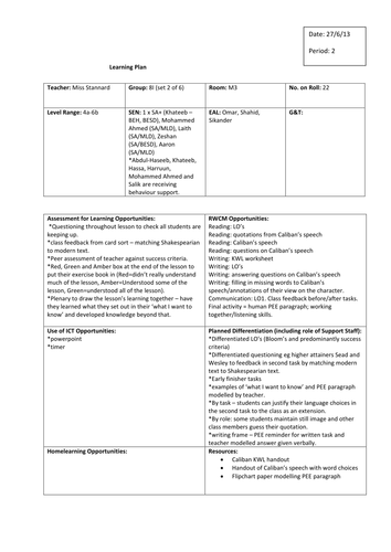 Lesson Plan Exploring Caliban's Character