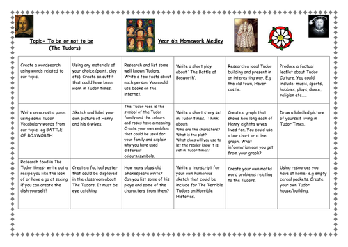 Tudors/Shakespeare Homework Medley Sheet KS2