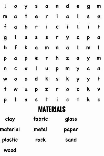 Science Wordsearch. Materials