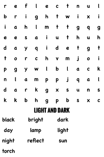Science Wordsearch. Light and dark
