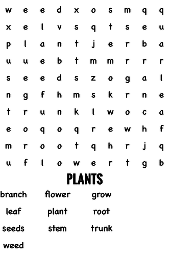 Science Wordsearch. Plants