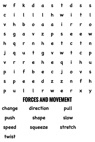 Science Wordsearch. Forces and movement