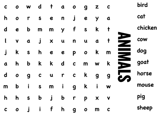 Science Wordsearch. Animals