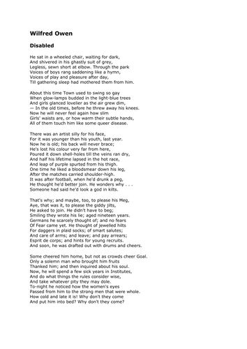 Disabled Wilfred Owen War Poetry Unit Ks3 Teaching Resources
