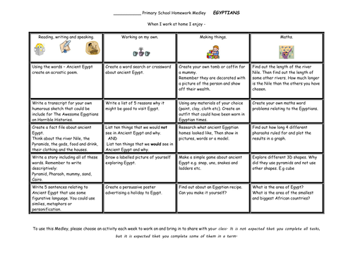 KS2  Homework Medley sheet - EGYPTIANS