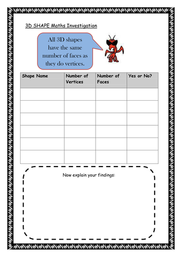 3D Shape maths investigation sheet