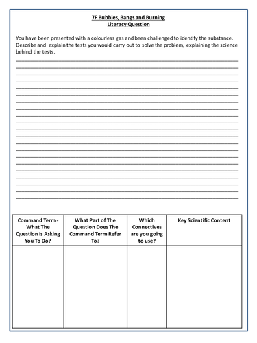 Bubbles, Bangs and Burning Literacy Question - Year 7 Science