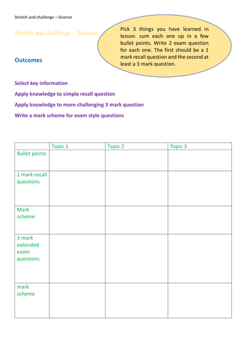 Stretch and challenge work sheet exam questions 1 sheet