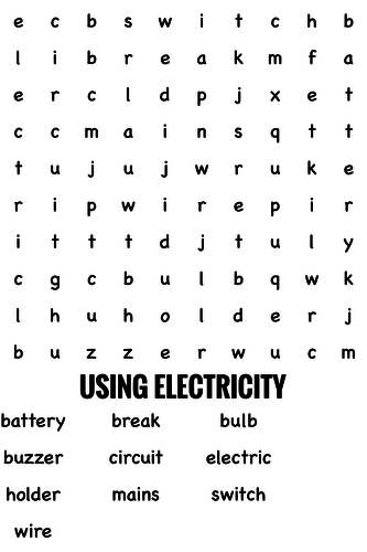 Science Wordsearch. Using electricity