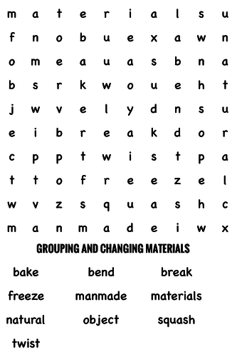 Science Wordsearch. Grouping and changing materials