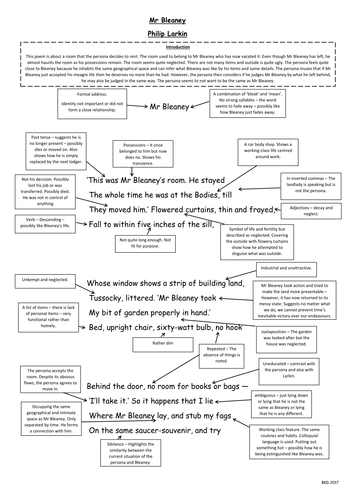 Mr Bleaney A3 Annotated Poem - Philip Larkin - The Whitsun Weddings - WJEC AS English Literature