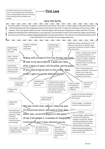 First Love - A3 Annotated Poem - Carol Ann Duffy - Mean Time - AS WJEC English Literature