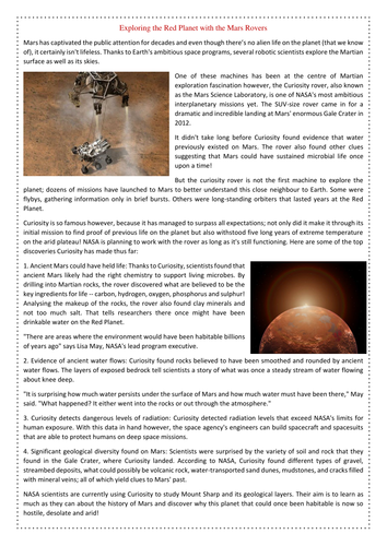 Exploring the Red Planet with the Mars Rovers - Reading Comprehension ...